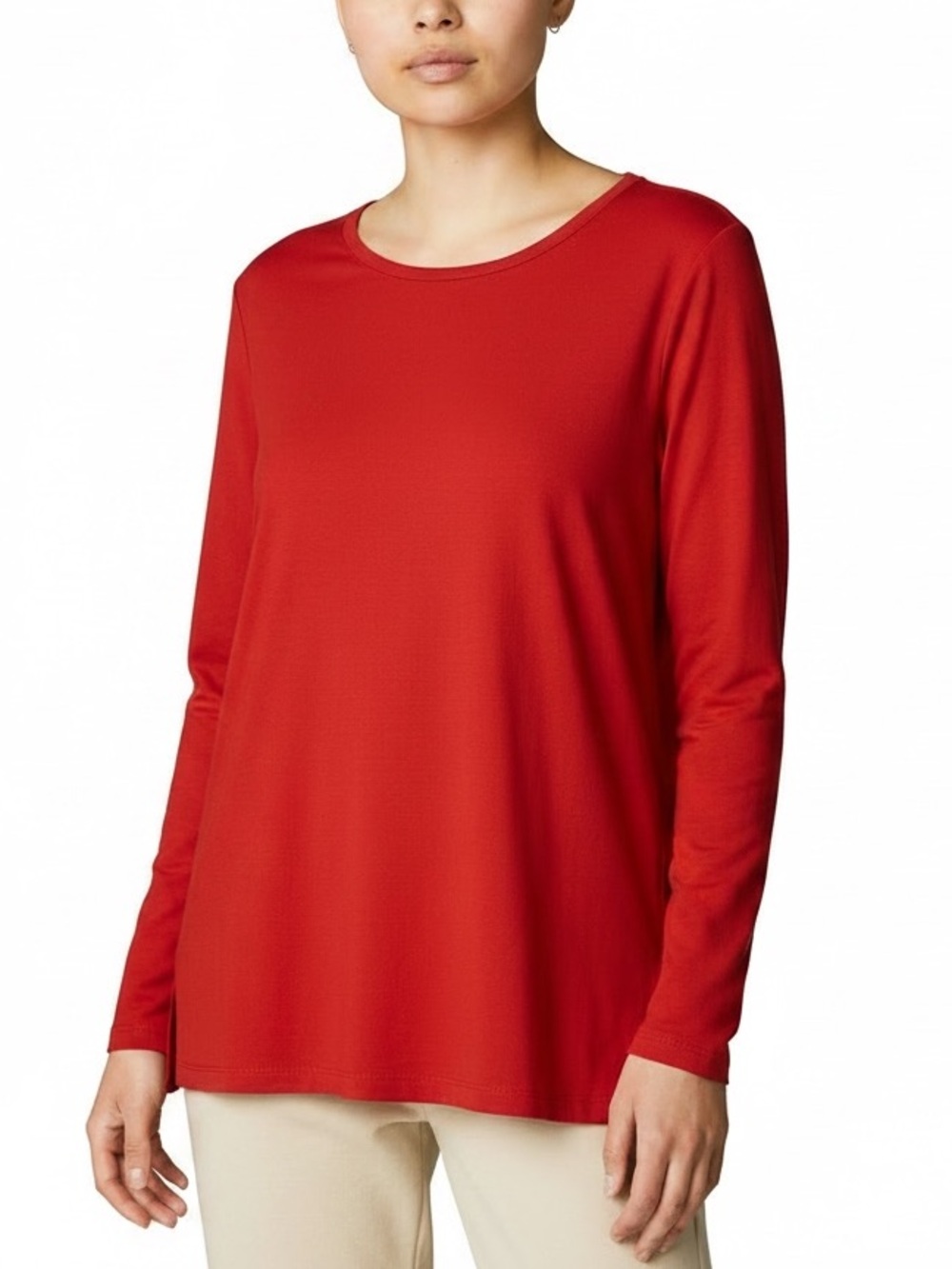 Eileen Fisher Tencel Lyocell Top L Red Long Sleeve Stretch Side Slit Tee NEW